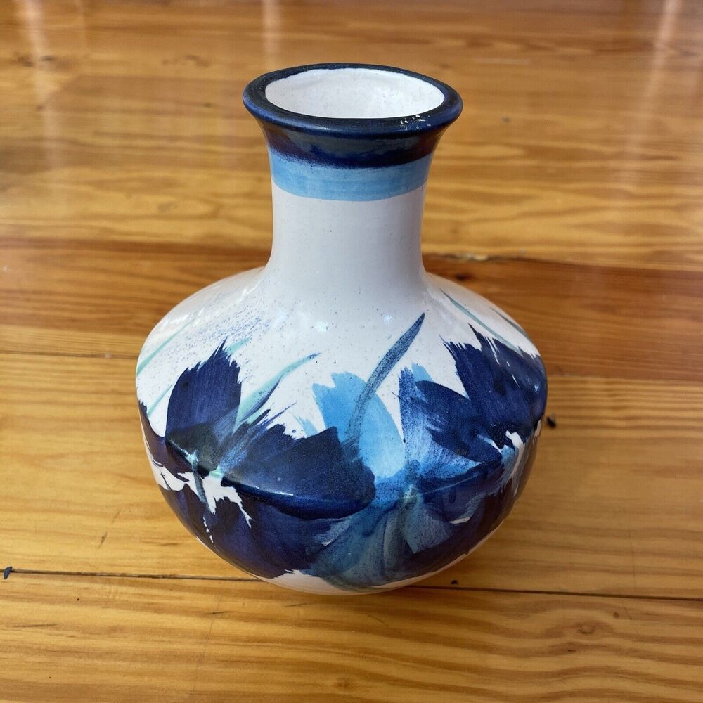 Vintage 70s Pacific Stoneware Welsh signed BLUE FLORAL design pottery vase RARE